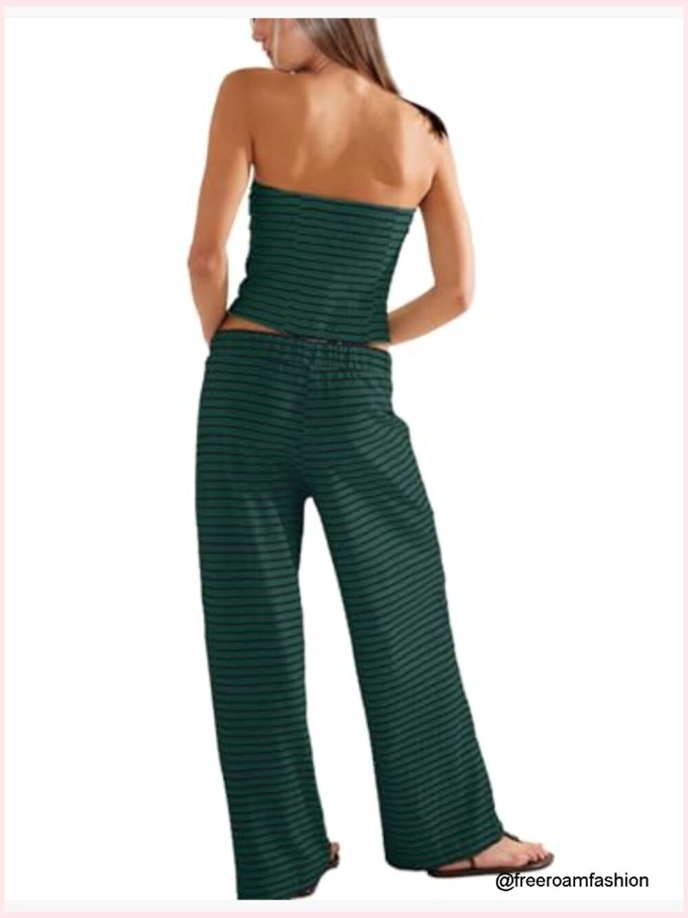 Women's Two Piece Striped Lounge Set Strapless Tube Top and Wide Leg Pants - Picture 3 of 7